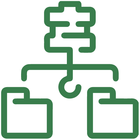 Green icon depicting data server distributing files to two folders.