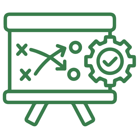 Green presentation board with strategic diagram and gear icon with checkmark.