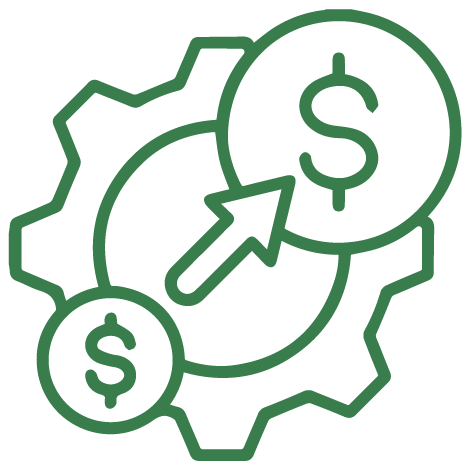 Green gear with dollar signs and an upward-pointing arrow, representing financial growth.