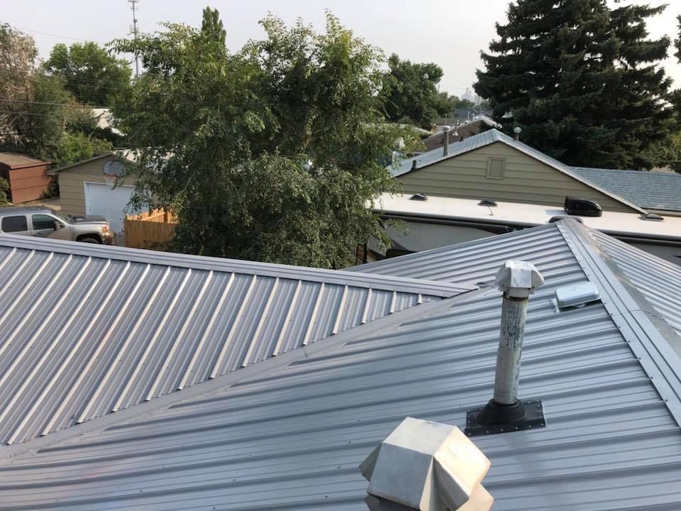 Metal roof with vertical ridges; residential neighborhood in background.