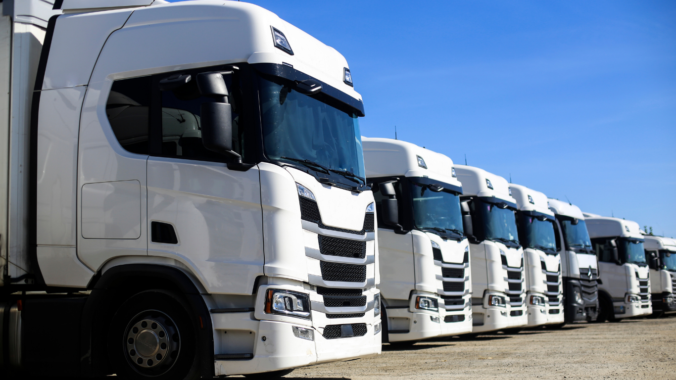 White semi-trucks parked in a row under a bright blue sky.