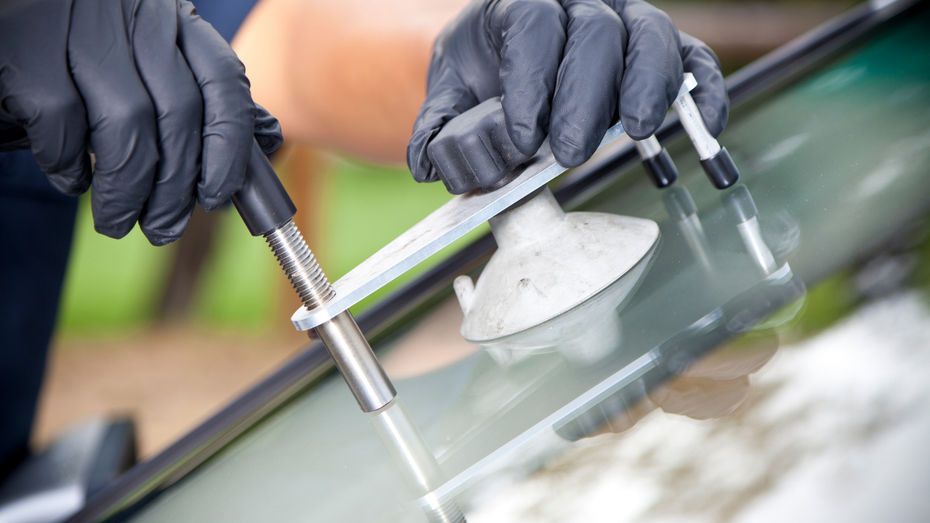 Hands in black gloves using a device to repair a windshield crack on a car outdoors.