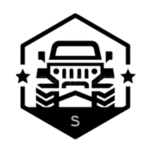 Black and white logo: stylized Jeep within a hexagon, flanked by stars; bottom reads 