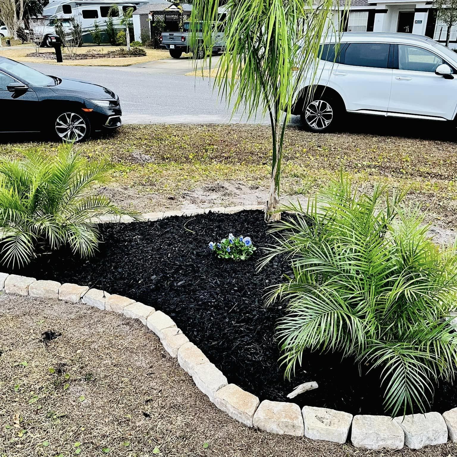 A black car is parked in front of a lush green garden.