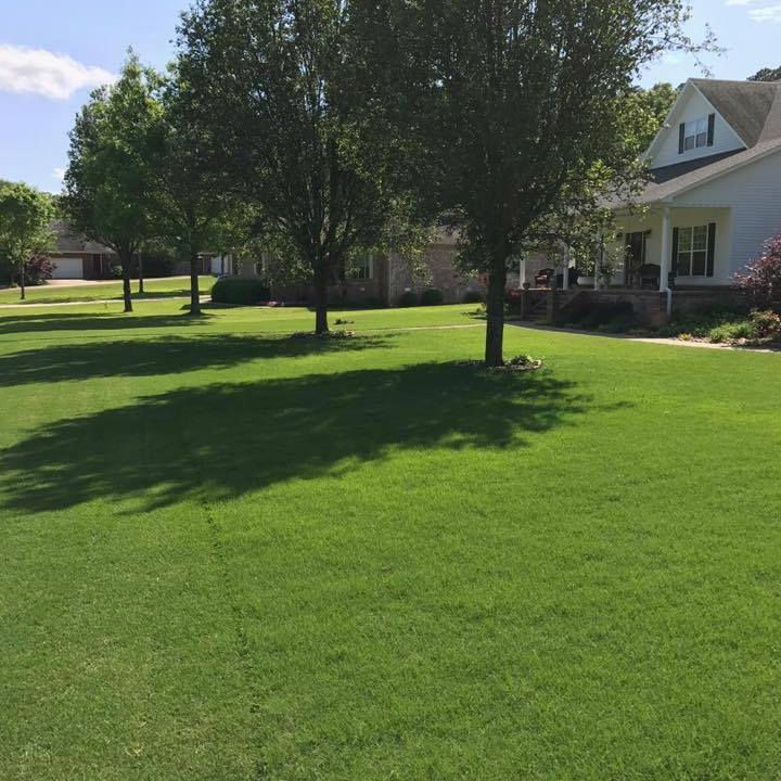 A house with a lush green lawn and trees in front of it.