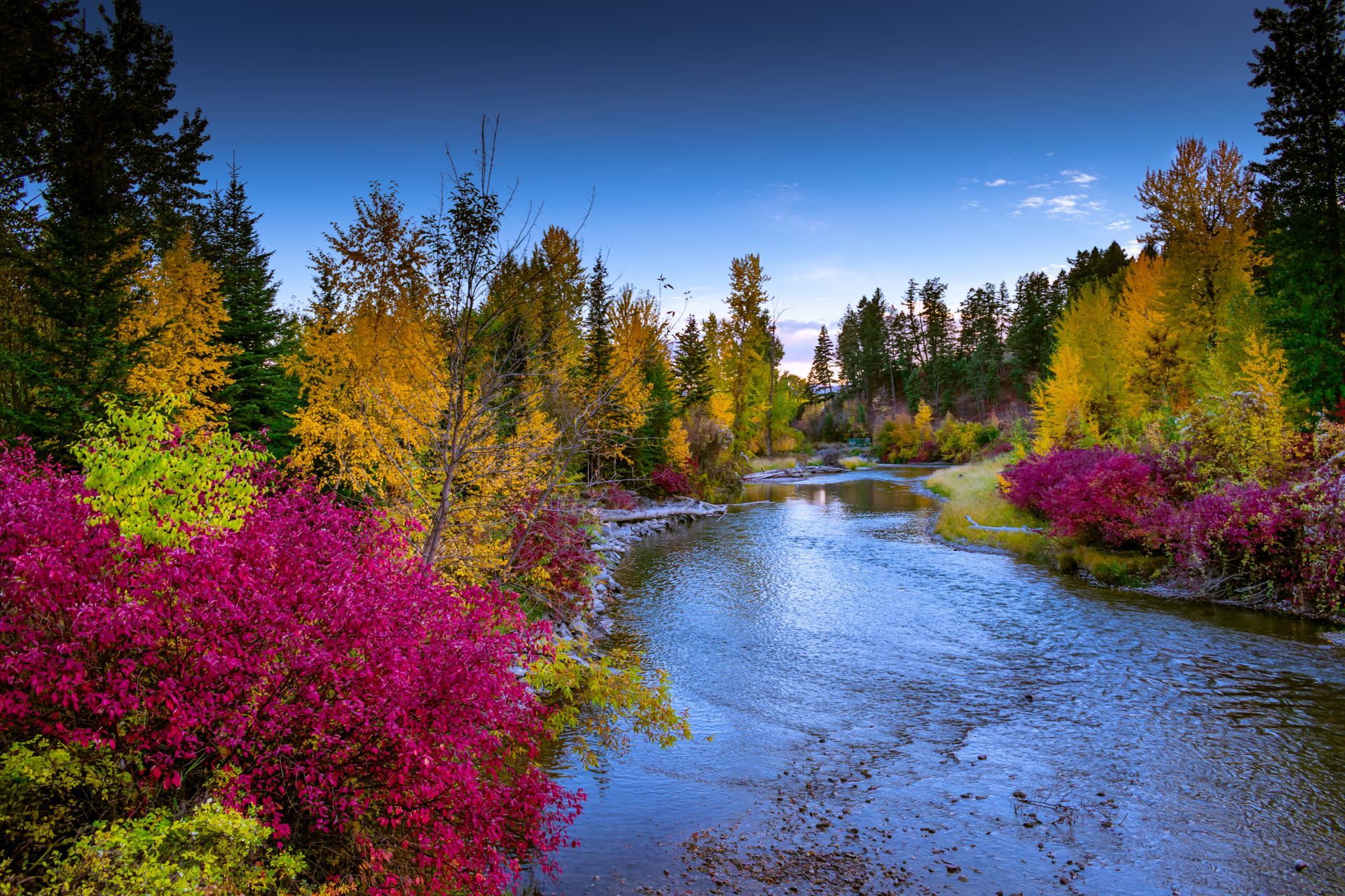 Vibrant autumn colors frame a river: yellow, red, and green foliage with a blue sky.