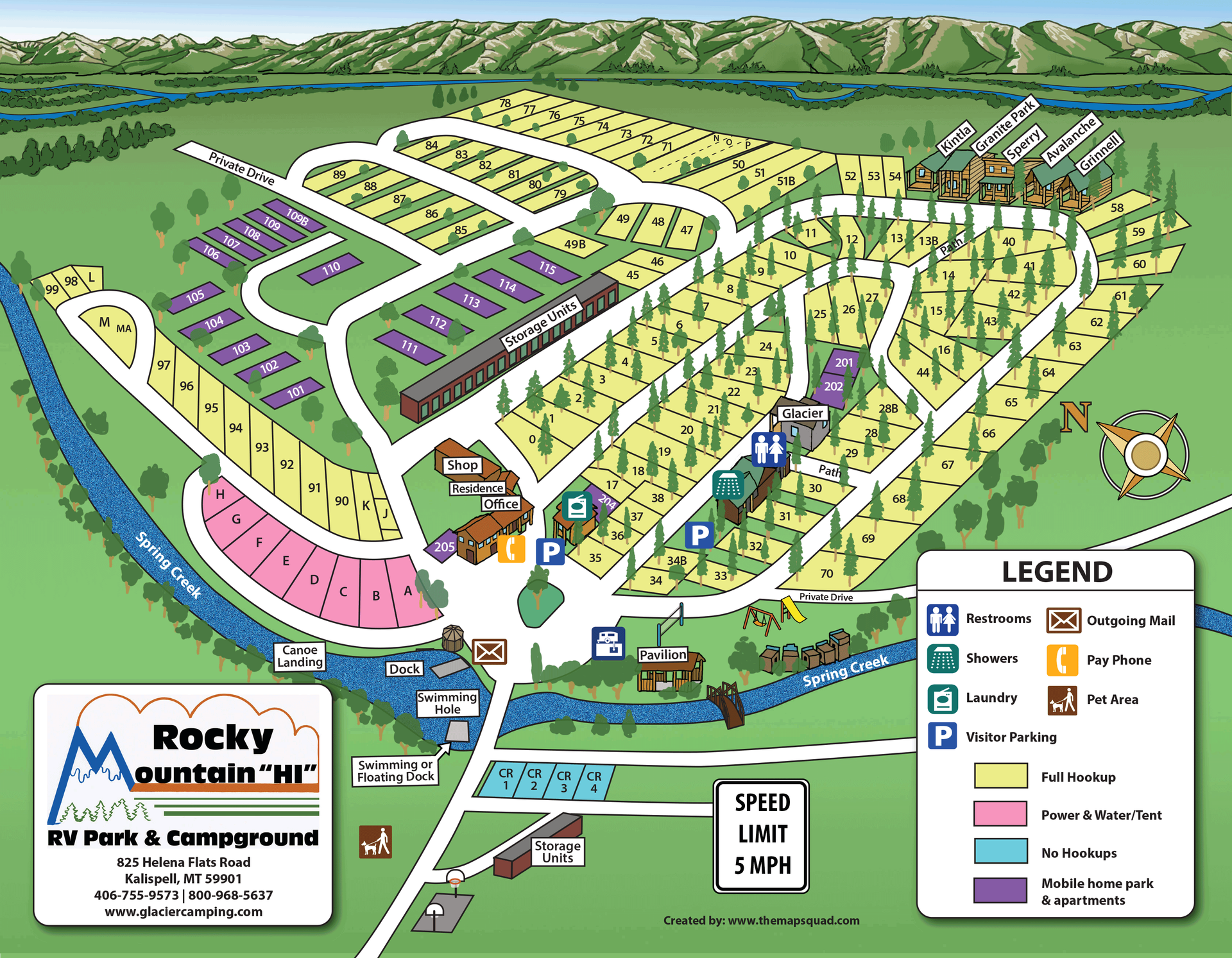 Map of Rocky Mountain RV Park and Campground, showing campsites, amenities, and river.