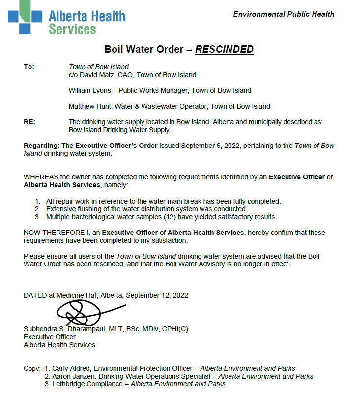 Boil Water Order Ended