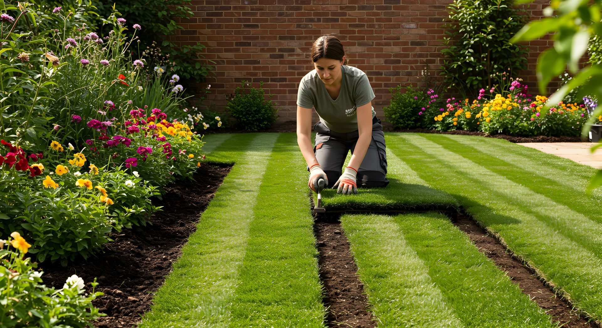 Landscape contractors installing fresh sod on striped lawn with flowers and garden bed nearby. Landscape contractors installing fresh sod on striped lawn with flowers and garden bed nearby.
