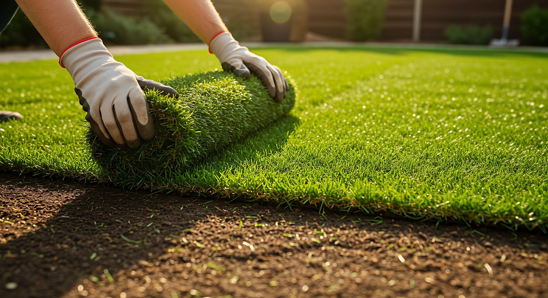 Professional landscape contractors unrolling new sod to create a lush and healthy instant lawn. Professional landscape contractors unrolling new sod to create a lush and healthy instant lawn.