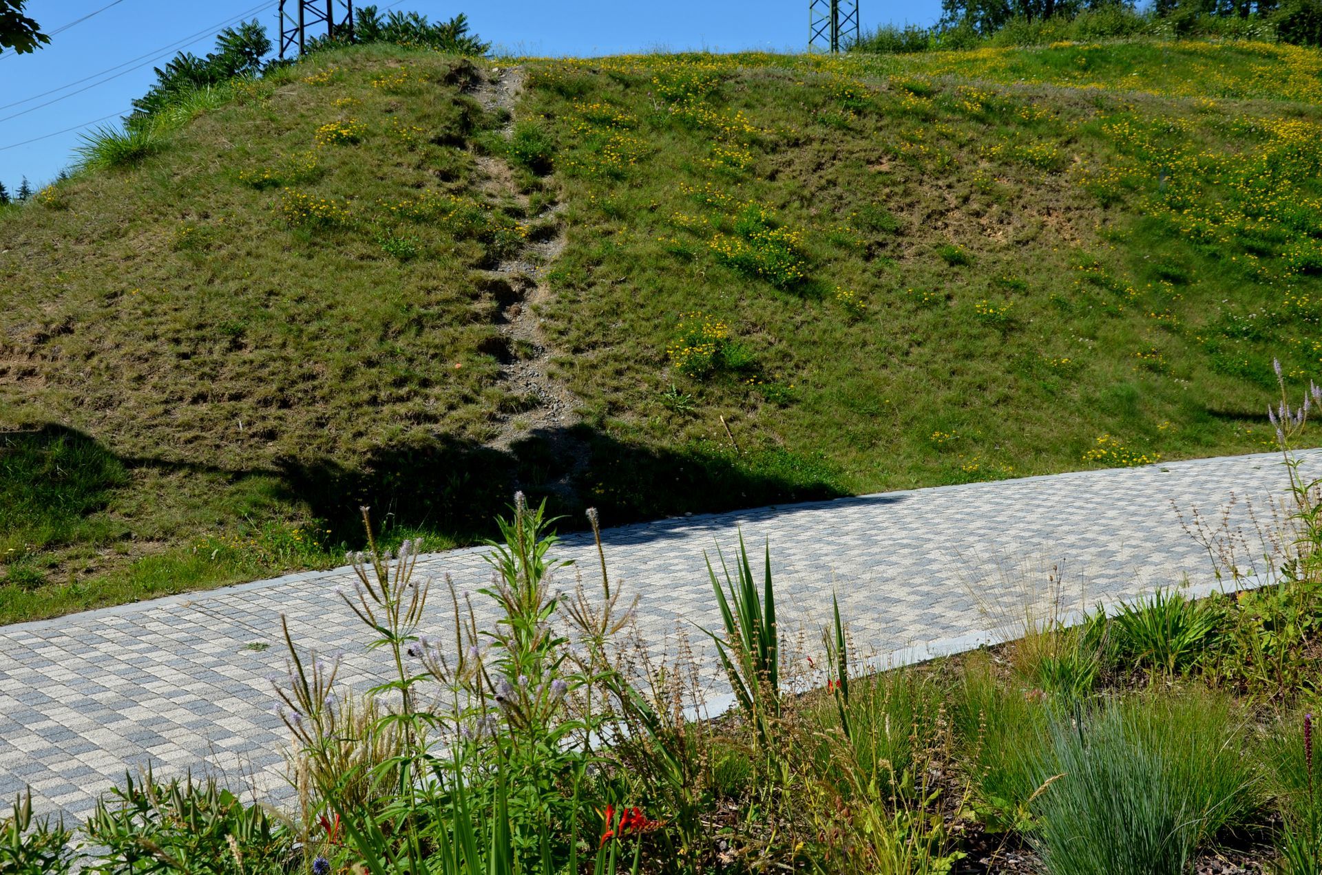 Stone path with grass and a hill. 