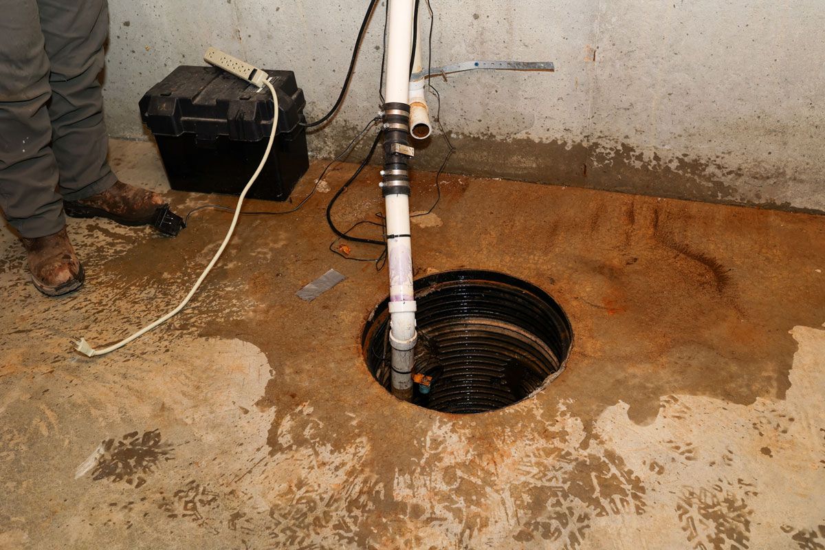 A sump pump installation in a basement. A person stands near the open pit, with water and stains on the concrete floor.