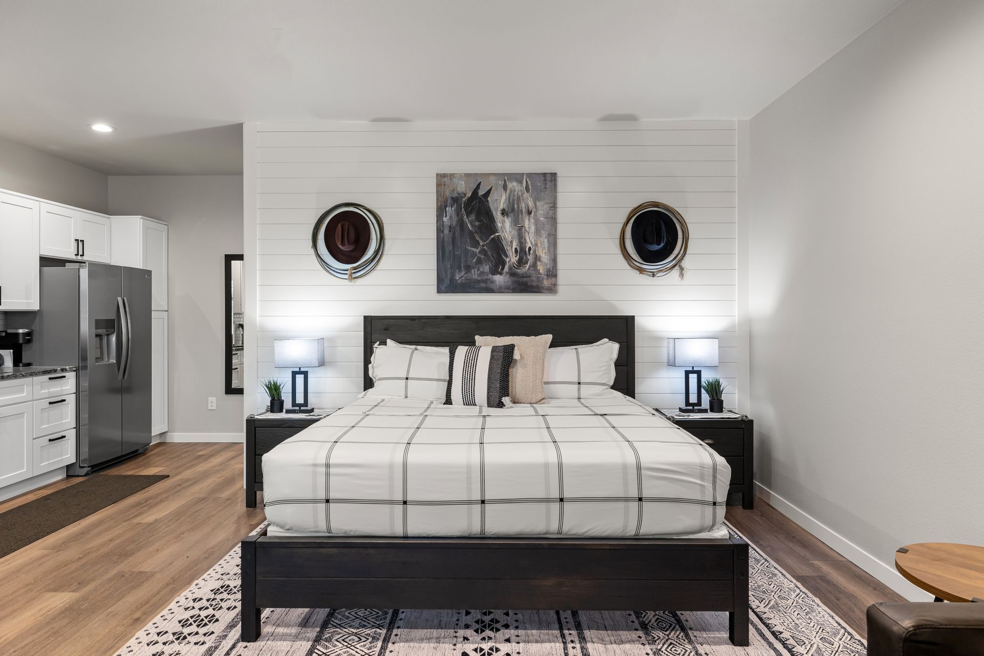 There is a large bed in the middle of the room.