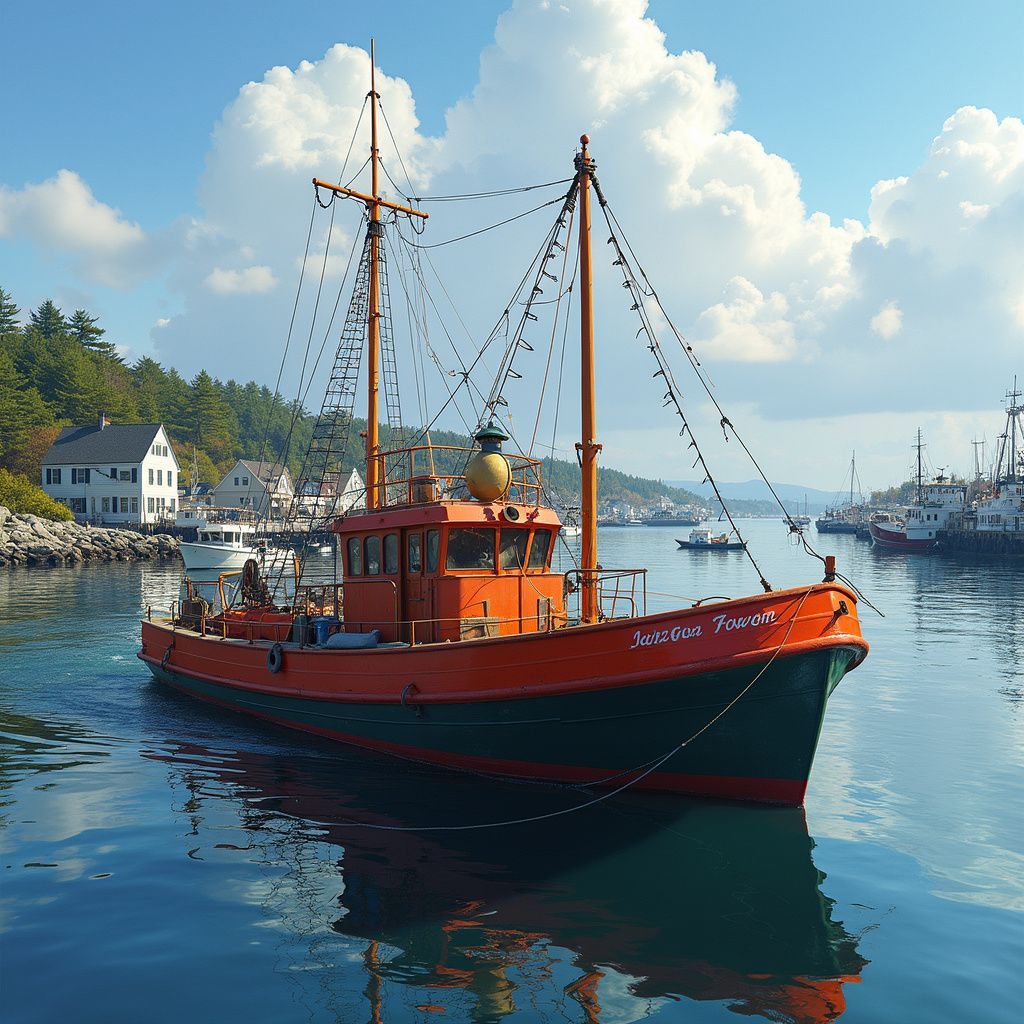 Orange and green boat floats on calm water, harbor with buildings and blue sky with clouds in the background.