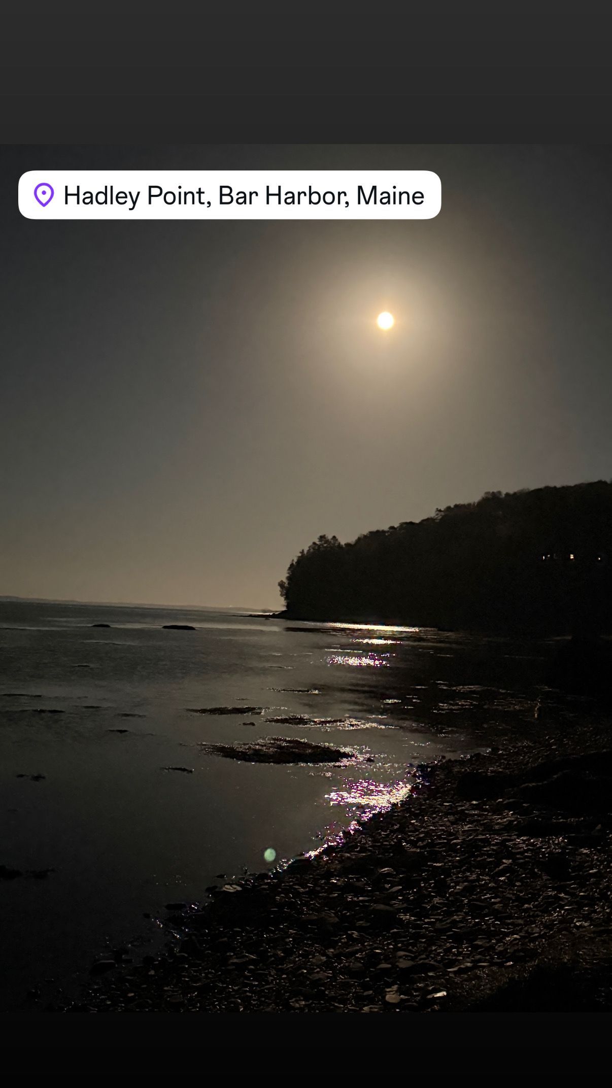 Sunlit water and shoreline with a dark treeline; a hazy sky.
