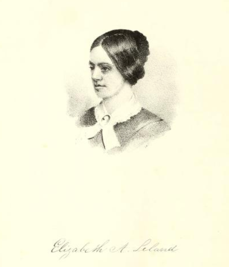 A black-and-white portrait drawing of a person with dark hair in a bun, wearing a collared top, labeled Elizabeth A. Leland.