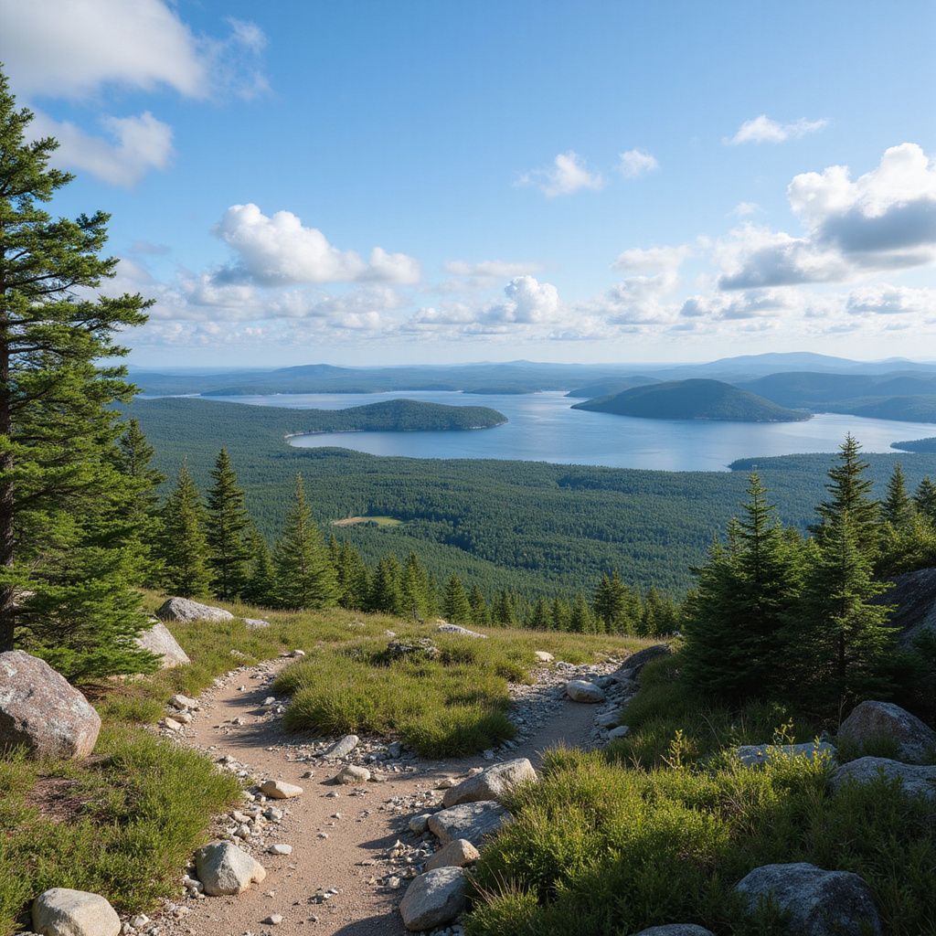 Hiking trail overlooking a lake and forested hills under a blue sky with fluffy clouds.