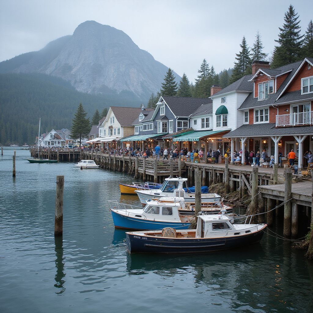 Boats docked along a wooden pier in front of buildings with a mountain backdrop. Cloudy day.