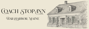 Coach Stop Inn in Bar Harbor, Maine, with a sketched illustration of the inn.