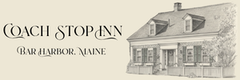 Coach Stop Inn in Bar Harbor, Maine, with a sketched illustration of the inn.