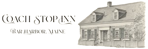 Logo for the Coach Stop Inn in Bar Harbor, Maine, featuring an illustration of a historic house.