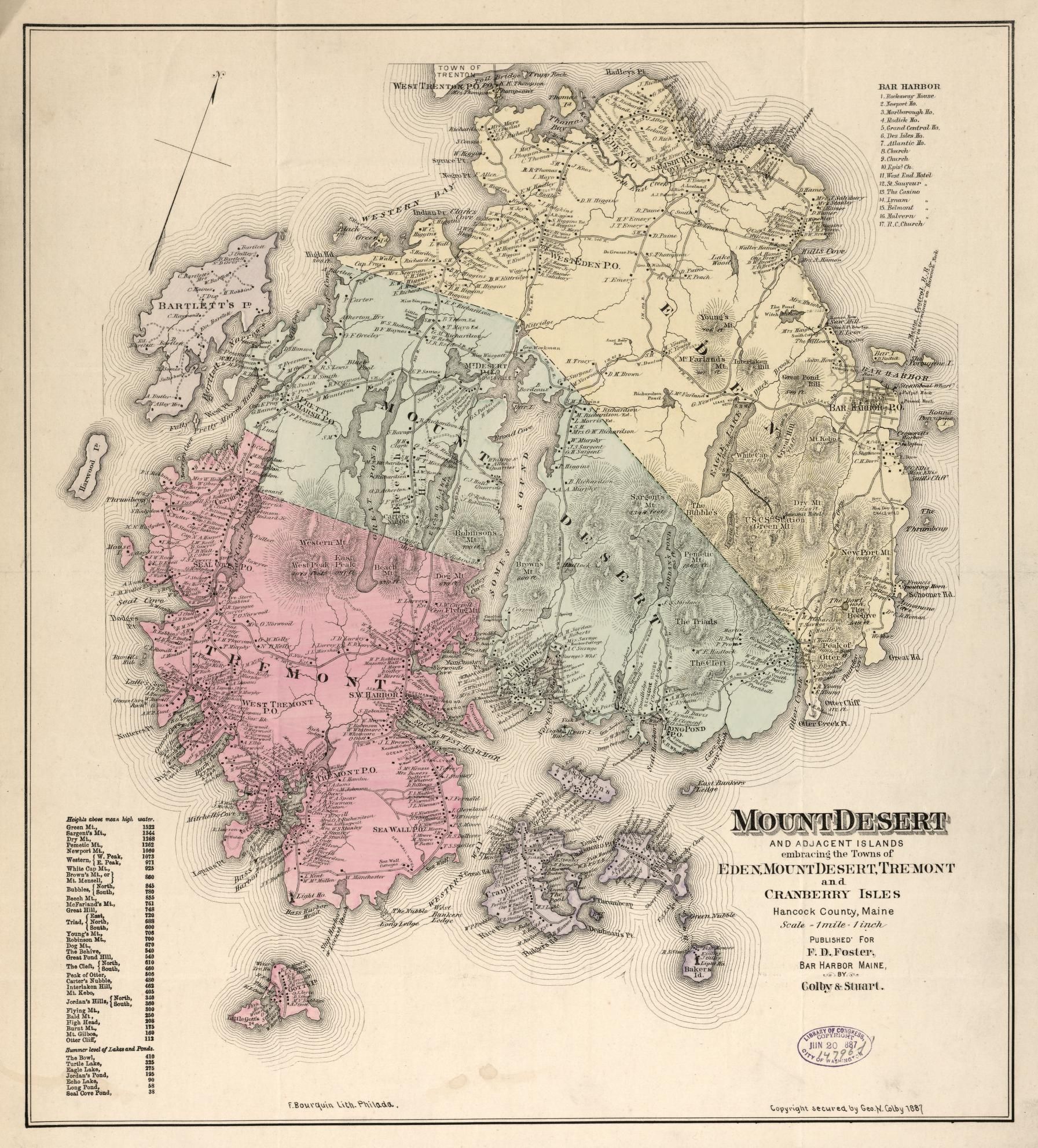 A vintage color-coded map of MDI, displaying townlands, boundaries, and topographical detail.