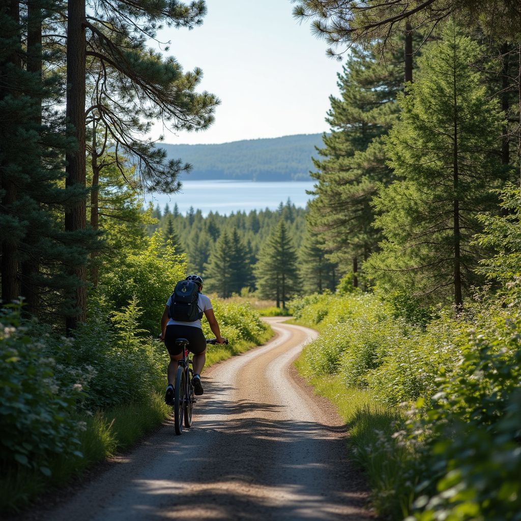 Person rides a bike on a winding dirt road through a forest toward a lake on a sunny day.