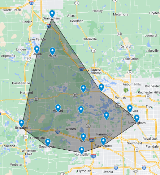 A map of a city with a triangle in the middle of it.