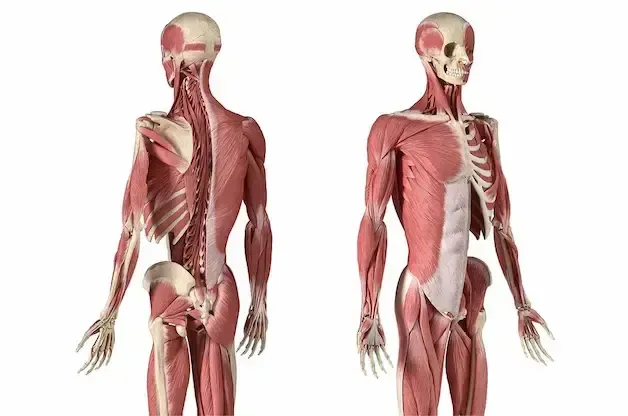 Human muscular system anatomical diagrams, posterior and anterior views.