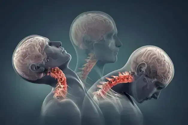Illustration of a head and neck showing whiplash movement; red highlights cervical spine.