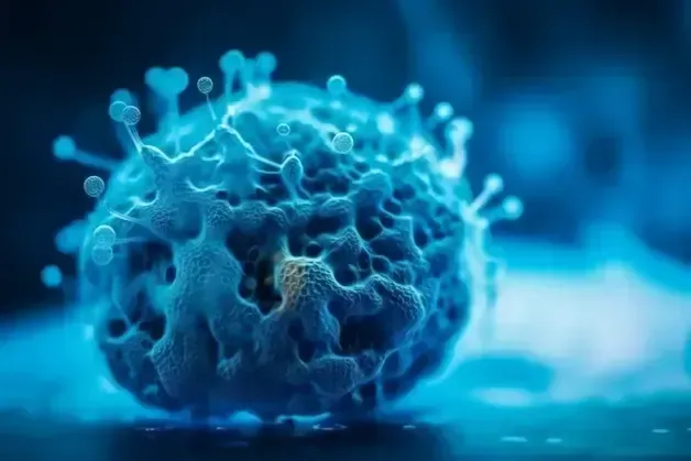 Blue-toned, microscopic view of a virus particle, showing a textured surface with protruding spikes.