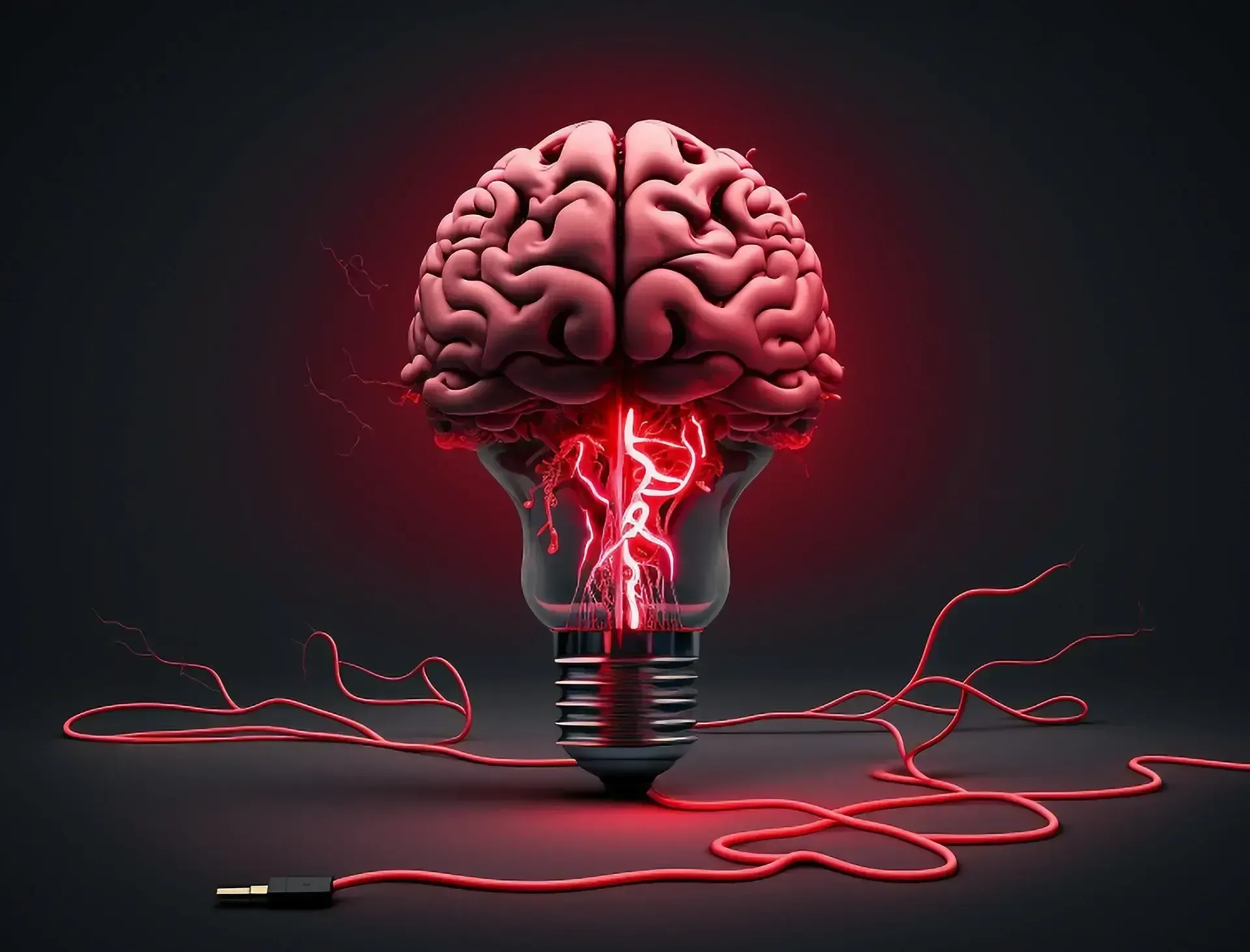 Brain shaped like lightbulb, lit with red, connected by glowing wires.