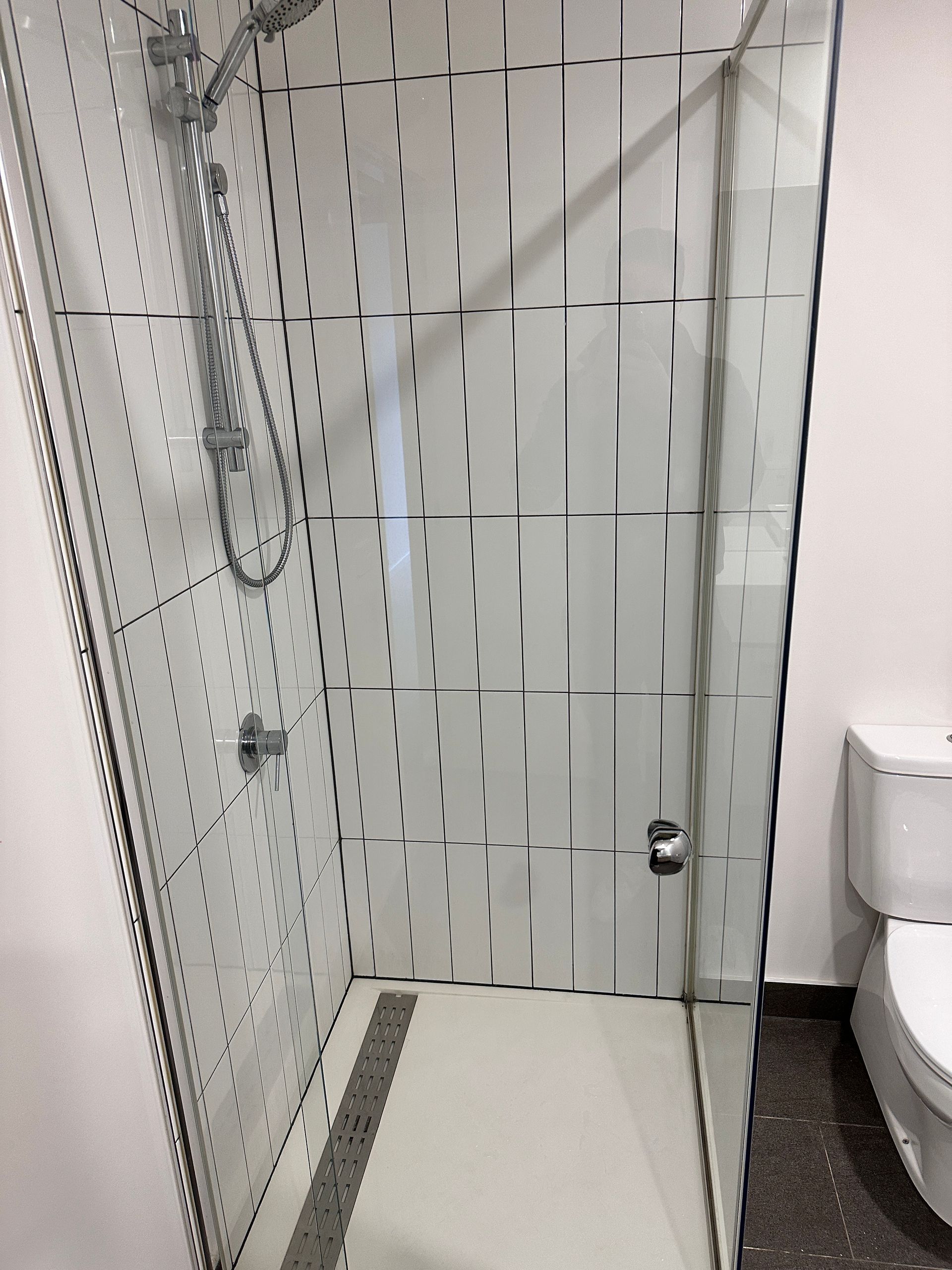 A bathroom with a walk in shower and a toilet