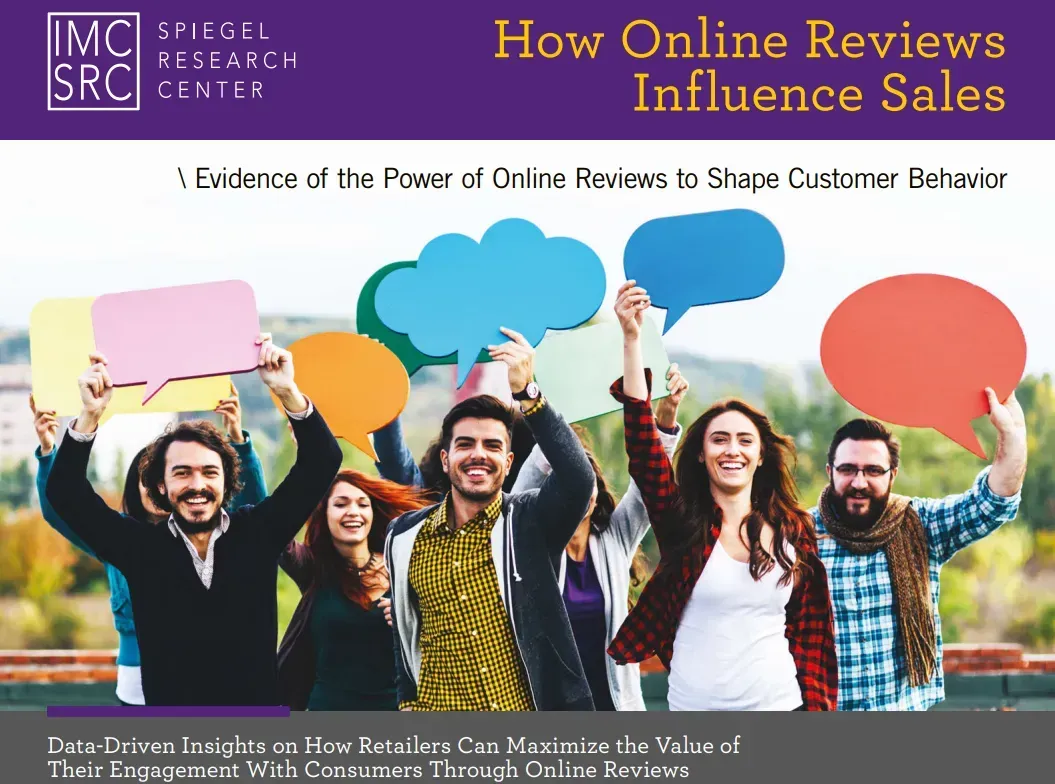 Cover of report on how online reviews influence sales, with people holding thought bubbles.