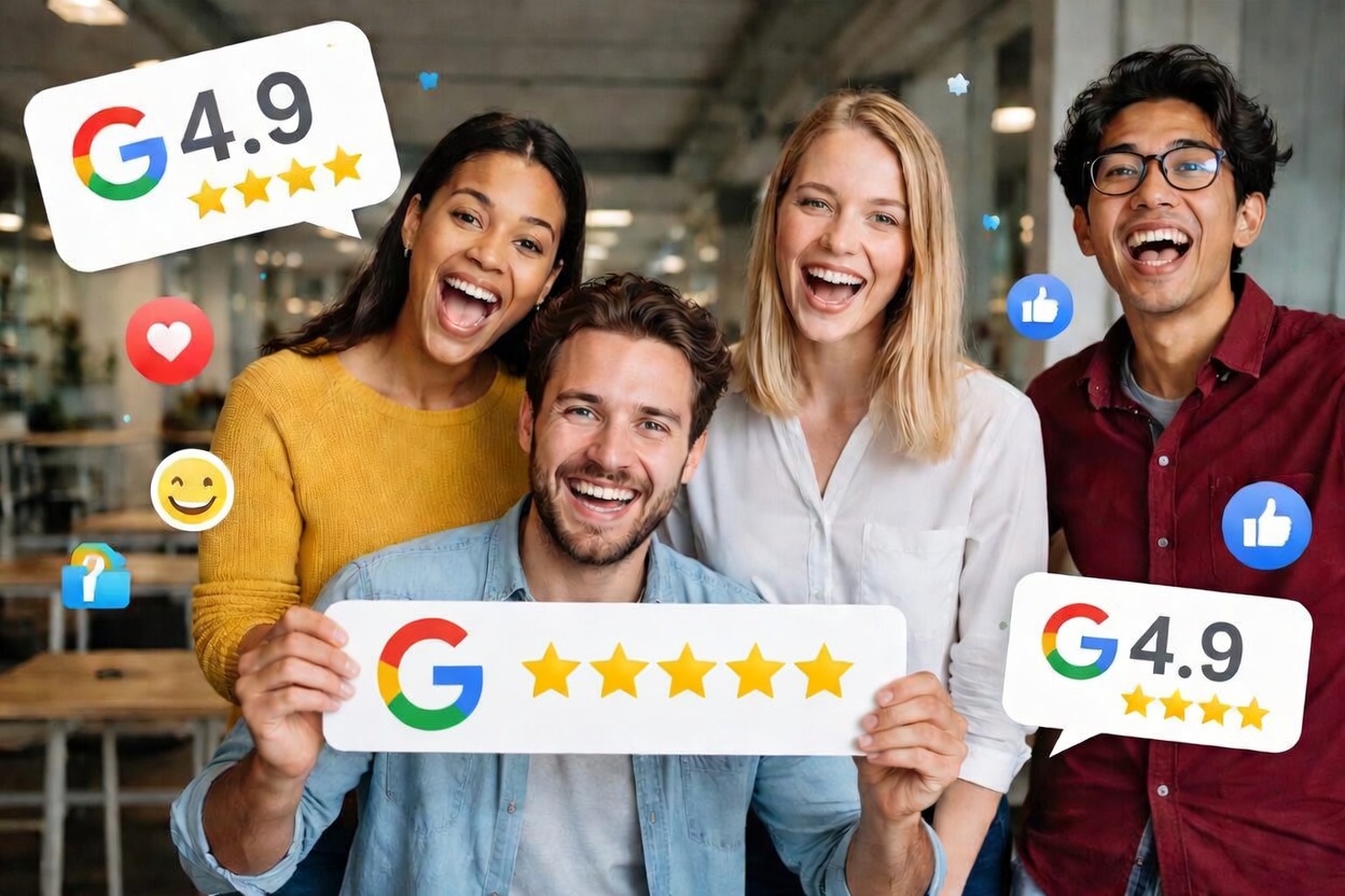 Men and women smiling. People showing Googler eviews, office background.