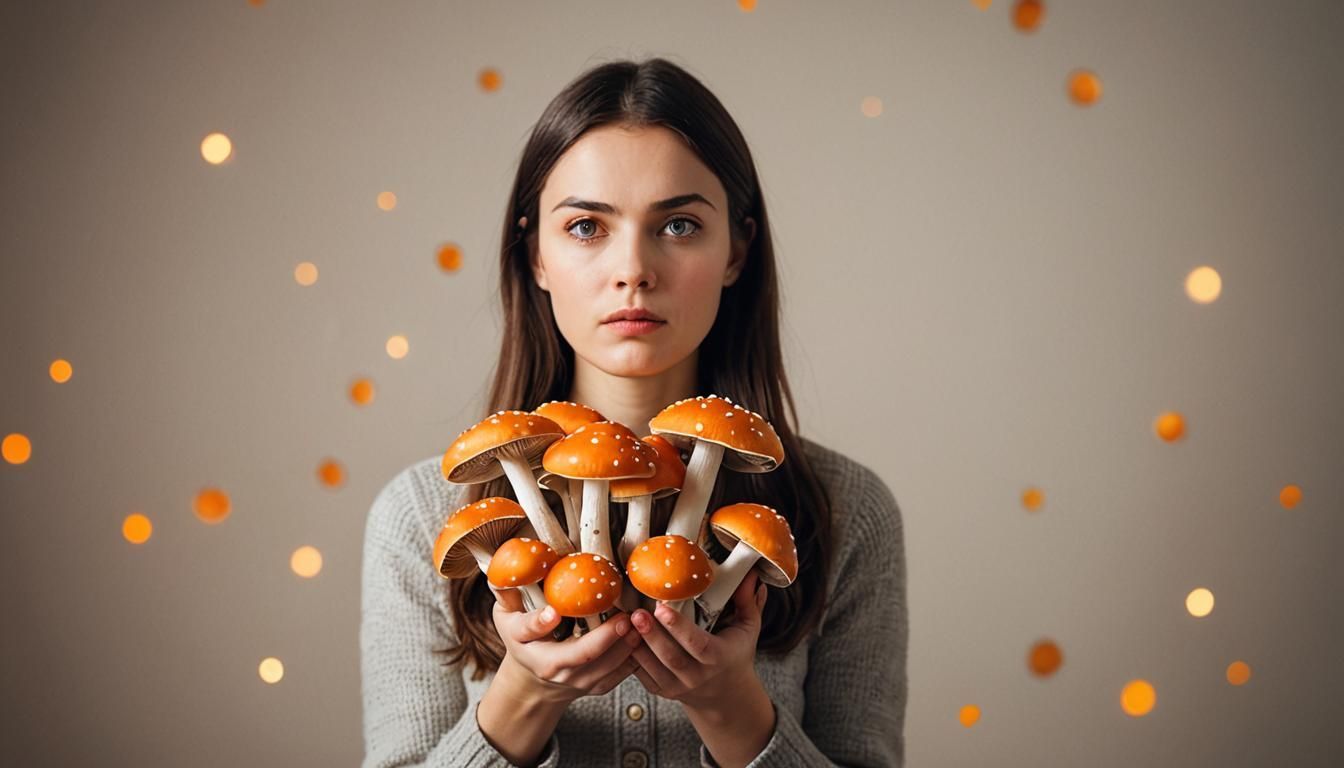 A woman is holding a bunch of mushrooms in her hands.