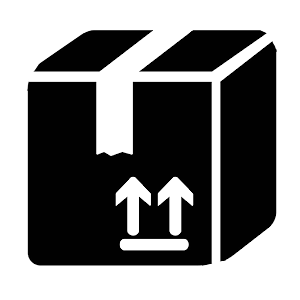 A black and white silhouette of a cardboard box with two arrows pointing up.