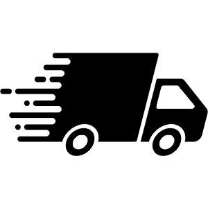 A black and white silhouette of a delivery truck on a white background.