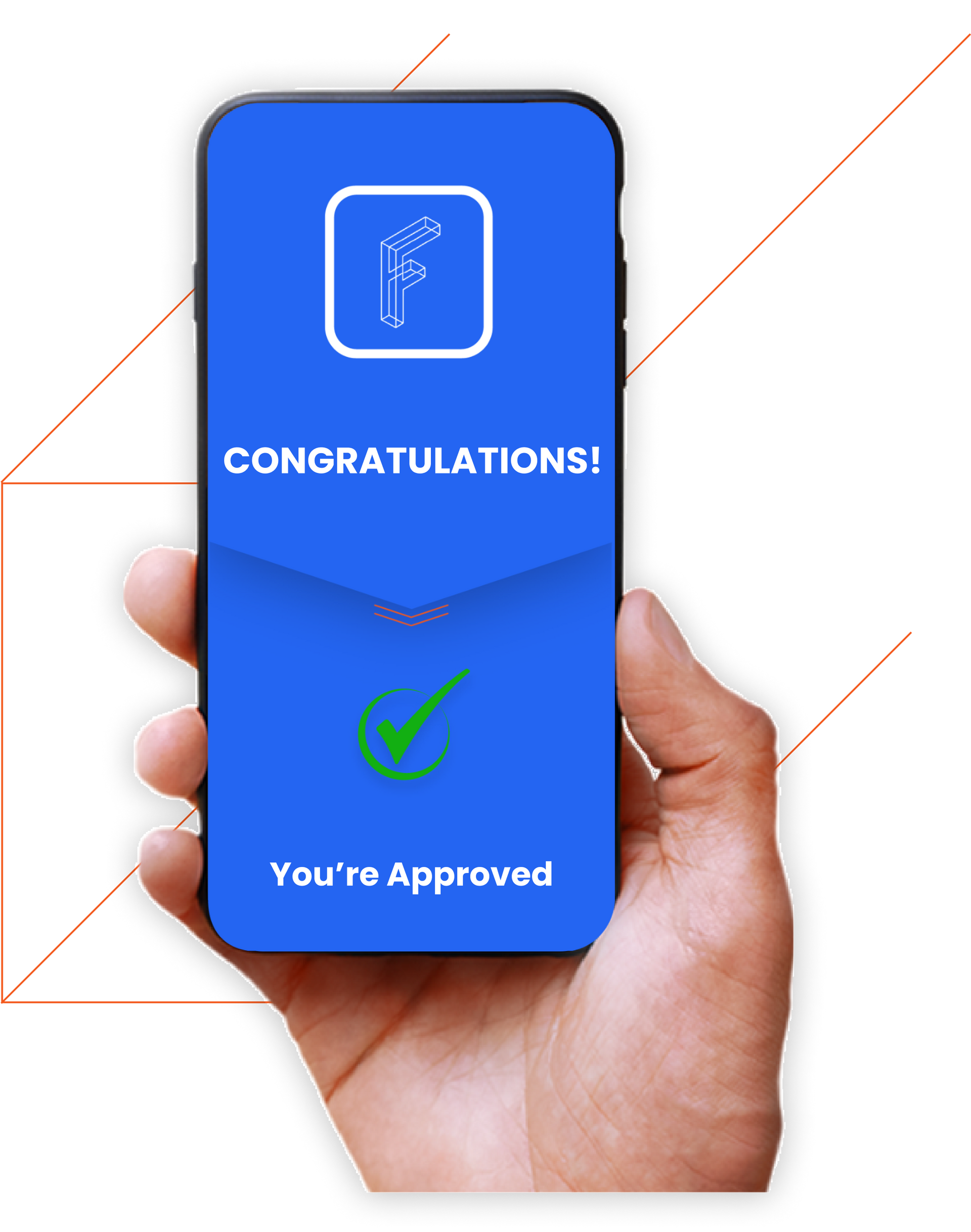 A hand is holding a cell phone that says congratulations you 're approved