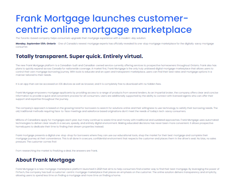 Frank mortgage launches customer centric online mortgage marketplace