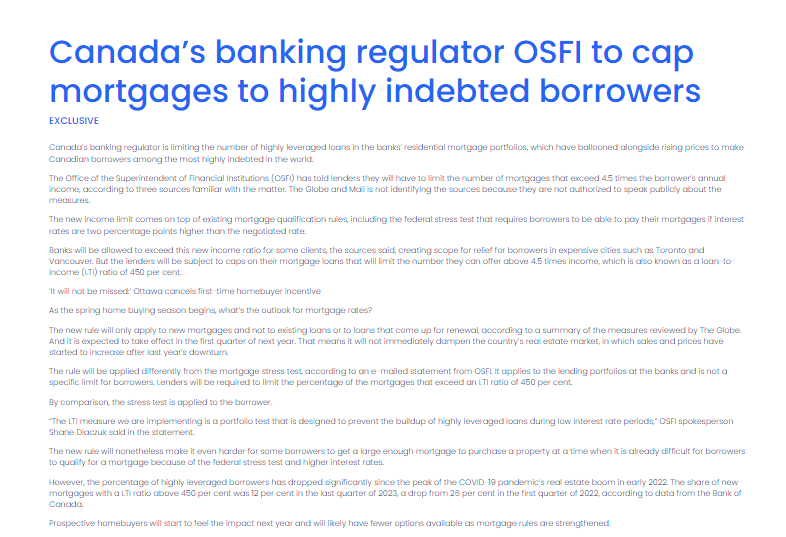 Canada 's banking regulator osfi to cap mortgages to highly indebted borrowers