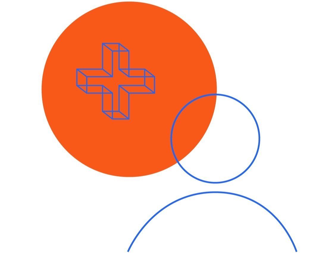 An orange circle with a blue cross inside of it