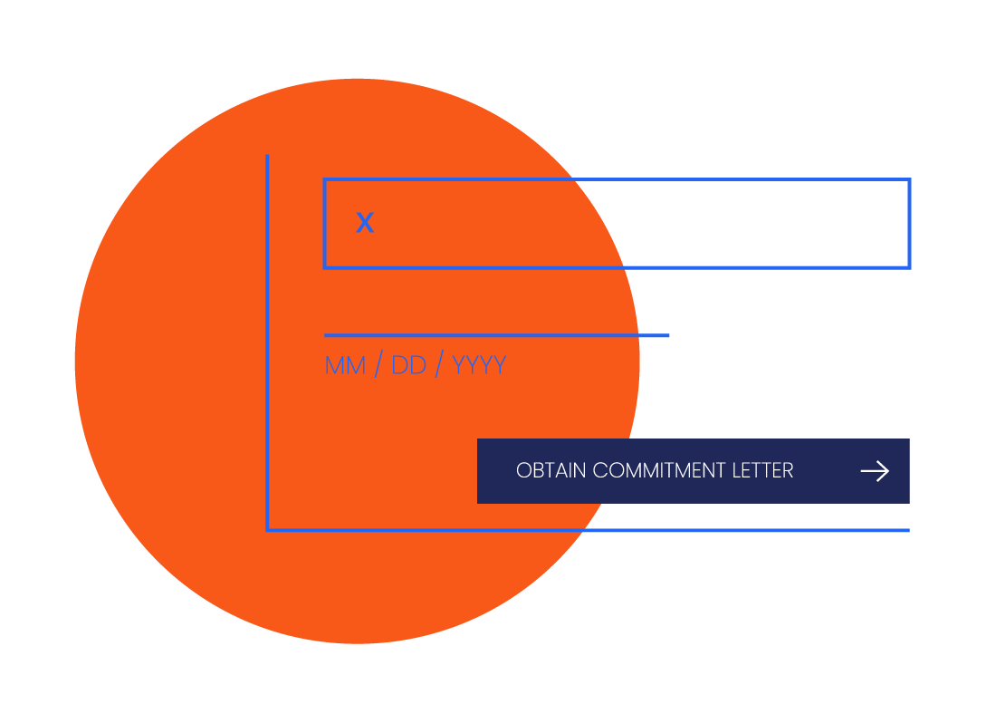 An orange circle with a blue arrow pointing to the right.