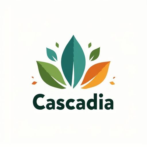 Logo for Cascadia: Leaves in shades of green, teal, and orange form a design, below the name "Cascadia"