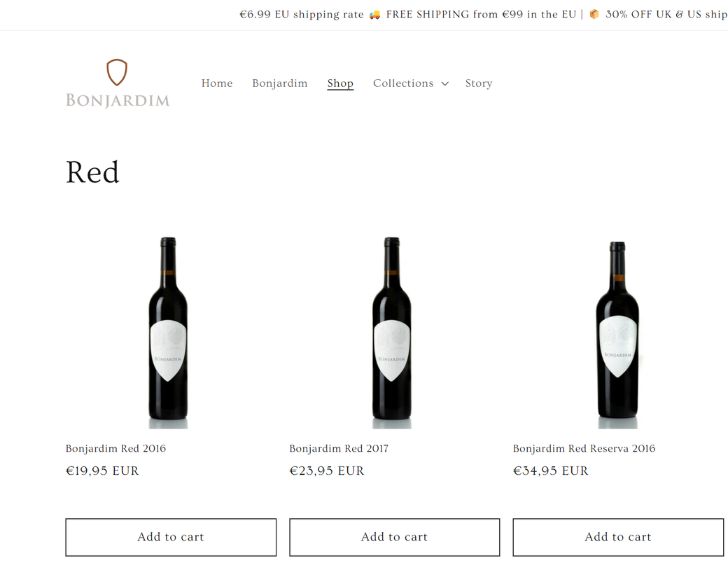 Three bottles of red wine are displayed on a website.