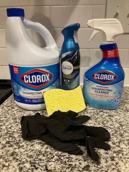 Cleaning supplies on a countertop: Clorox bleach, spray, Febreze, sponge, and gloves.
