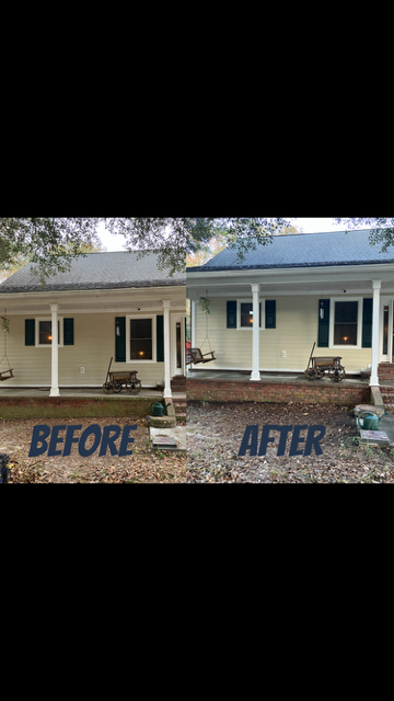 Before and after comparison of a house exterior. Yellow siding, white trim, and a dark roof.