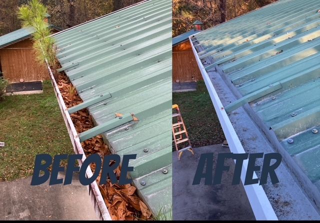 Before-and-after of green metal roof gutters: filled with leaves (before) and clean (after).