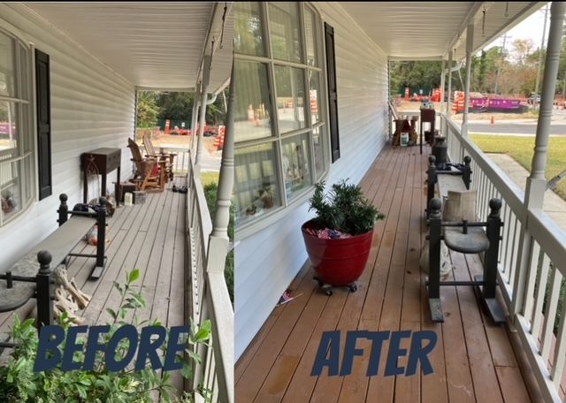 Before and after view of a porch. Before: weathered wood, bench, clutter. After: new stain, red planter, organized.