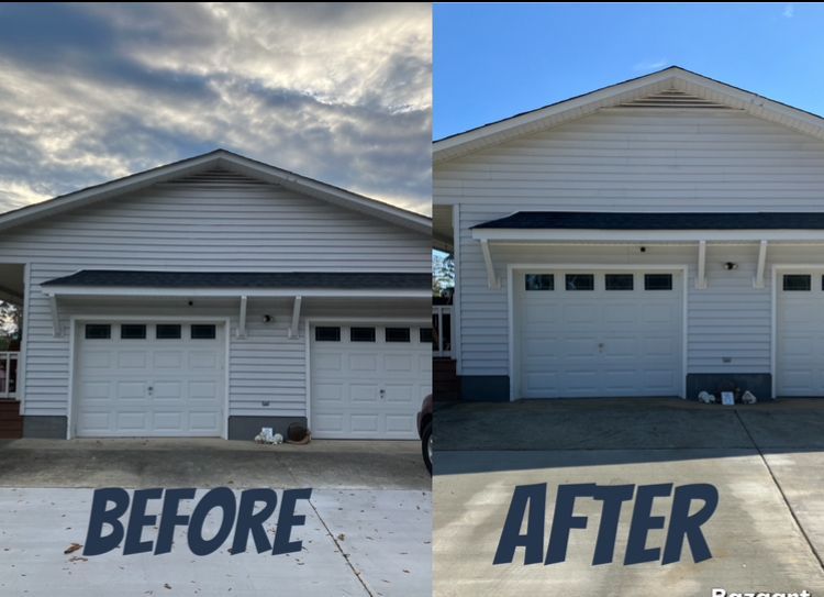 Side-by-side comparison of a white garage before and after an improvement. The 